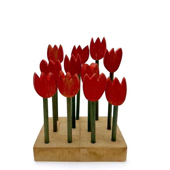 Vintage Wooden Red Tulip Flower Stems Bouquet on Wood Block Folk Art Decor